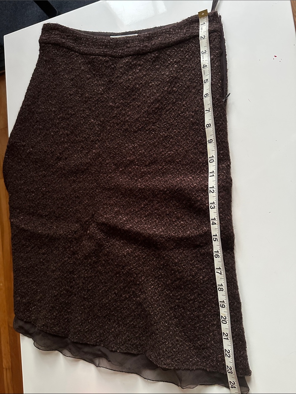 Prada Brown Textured Bouclé Wool Blend ALine Midi Skirt Chiffon LinedChiffon Hem - Picture 4 of 11